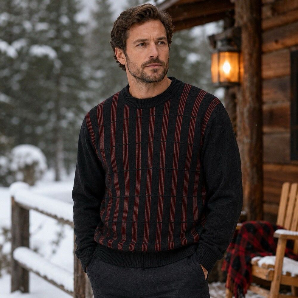 Bachrach Wool Chenille Black Orange Geometric Stripe Coggi Sweater Men L Vintage